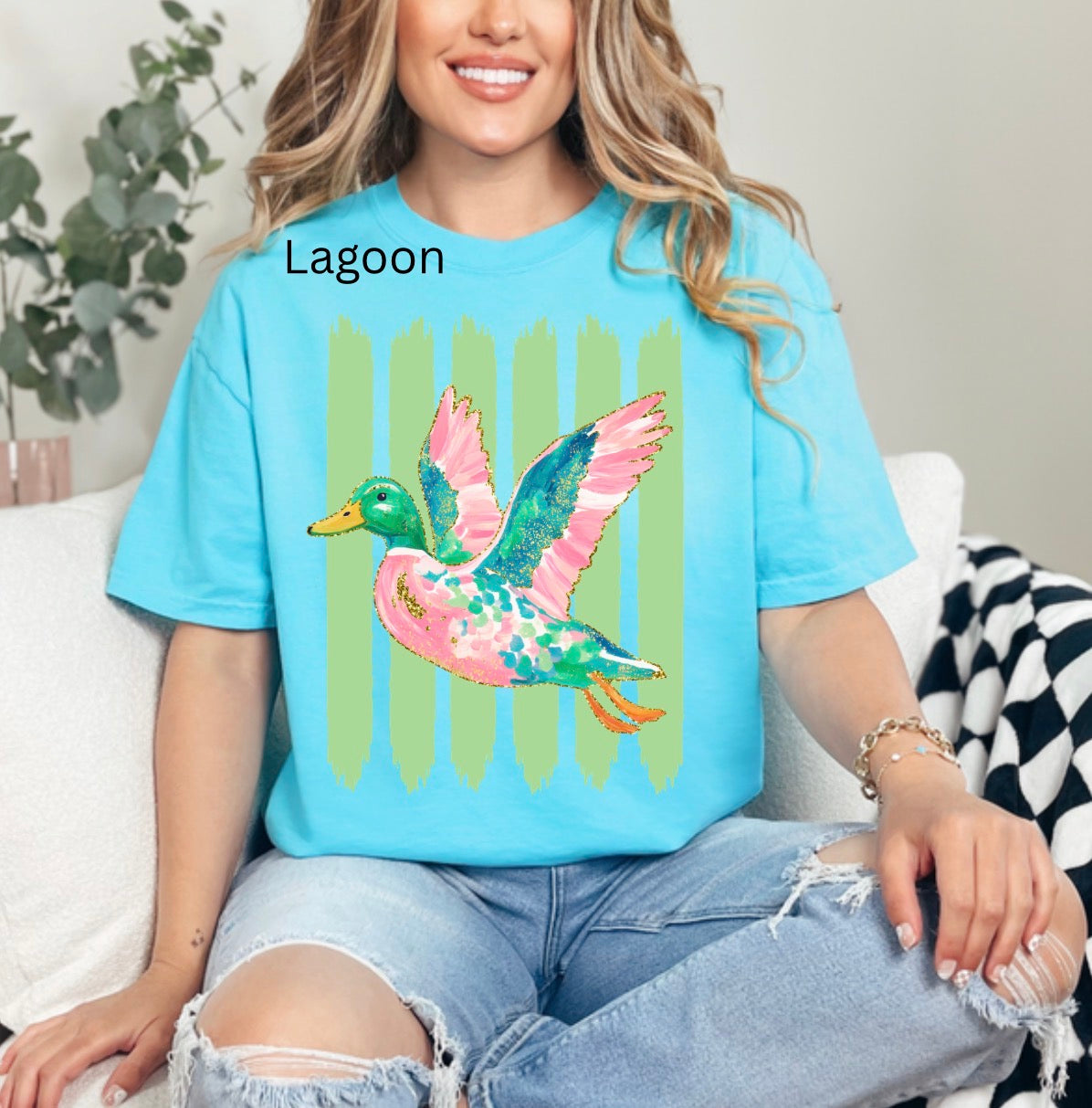 Preppy Glitter Striped Duck, Cute Duck, Mallard Duck, Summer Duck, Trendy Duck T-shirt