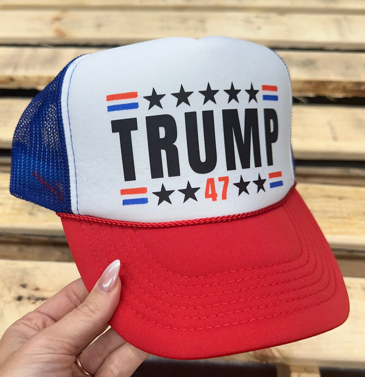 USA ?? Faux Shearling USA Trucker Hat
David & Young VOTE Trump Trump Riding on a Sreamin Eagle Trucker Hat – Ronnie Mac 69 main image 3
