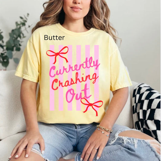 Currently Crashing Out, Funny Quote, Funny Coquette, Preppy Adult Humor, Trendy, preppy quote, trendy bow T-shirt
