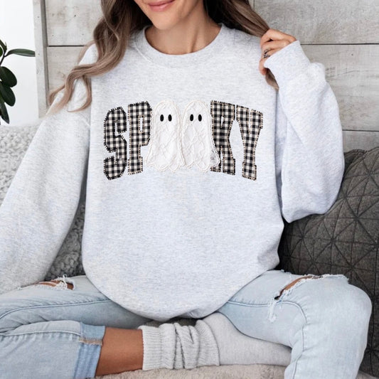 Gingham Spooky Ghost, Gingham Halloween, Lace Ghost, Vintage Halloween, Trendy Halloween Sweatshirt