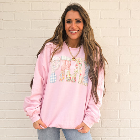 FAUX quilted Pray, Varsity Faith, Preppy Cottage core Worship, Faux Quilted Religious, Faux Embroidered Christian (NOT Real Fabric Patches) Sweatshirt