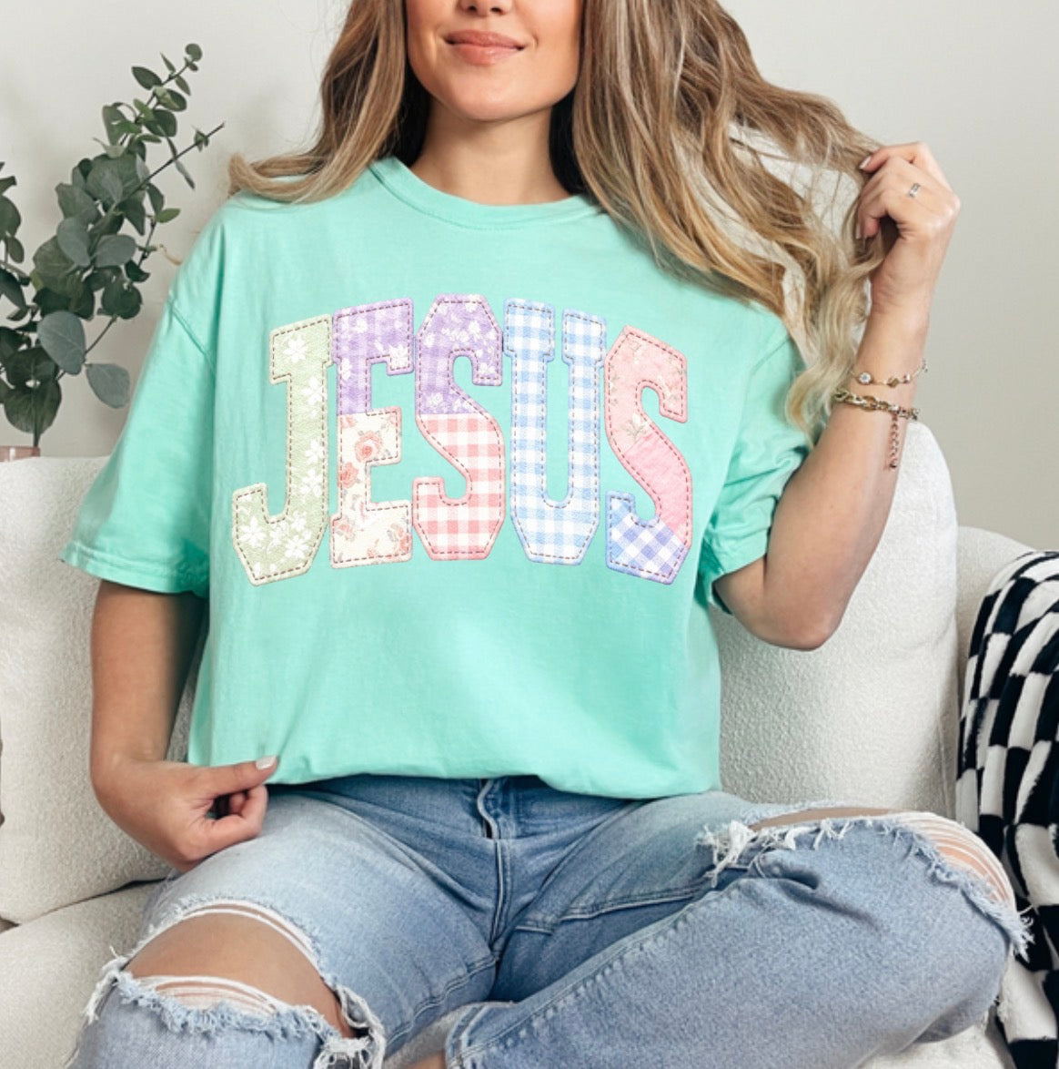 Faux Quilted Jesus , Faux Quilted Religious, Faux Embroidered Christian, Varsity Faith (NOT Real Fabric Patches) Sweatshirt (Website)1