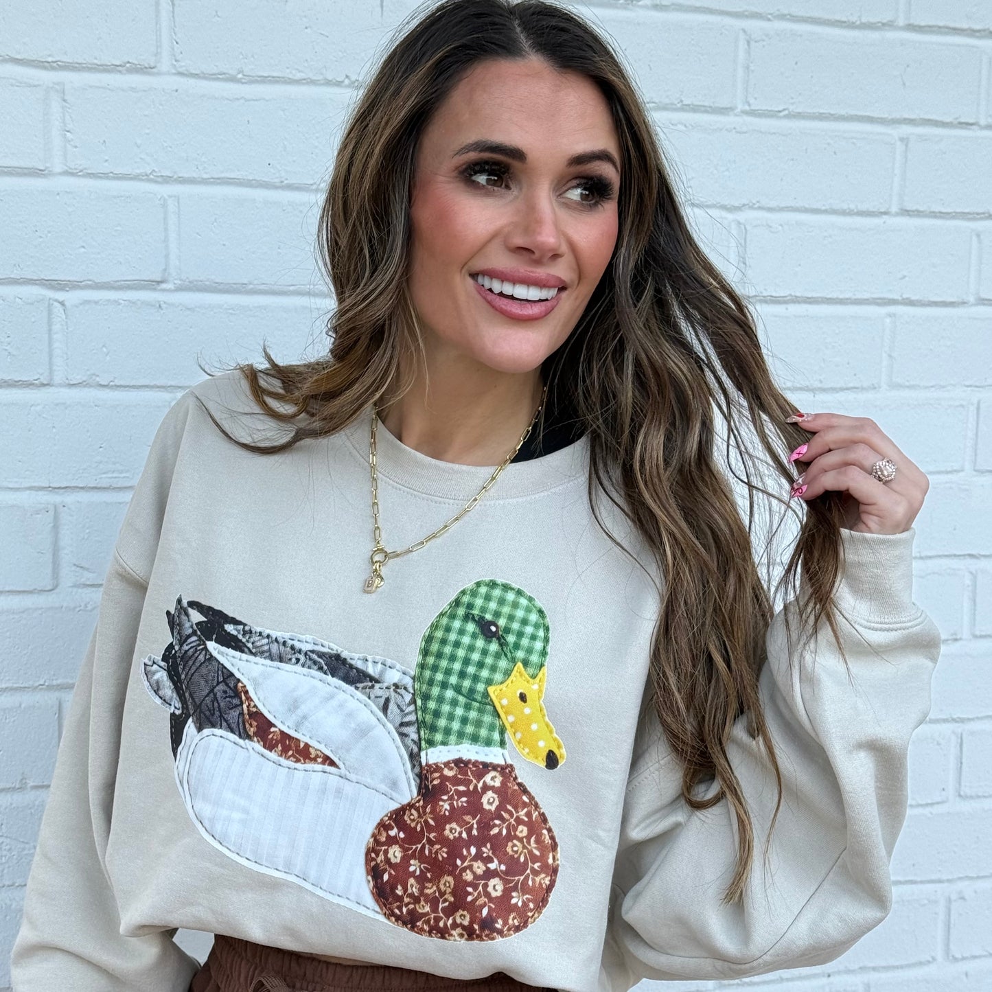 Faux DTF Print Neutral Patchwork Mallard Sweatshirt (Website)