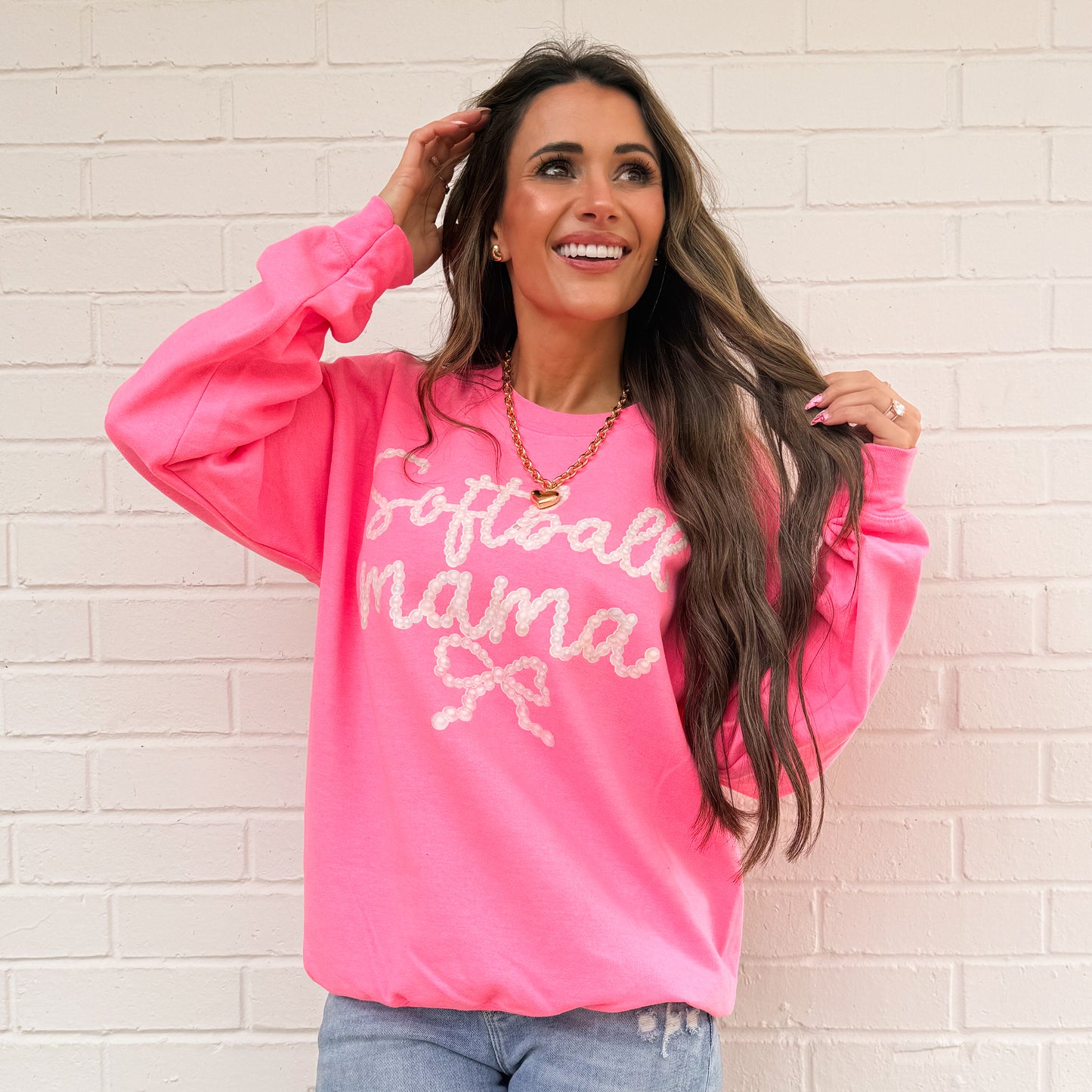 Preppy Baseball And Softball Bow FAUX Pearls, Baseball Game Day, Softball Mom, Sports Mom Design, Faux Pearls Trendy Sweatshirt (Website)