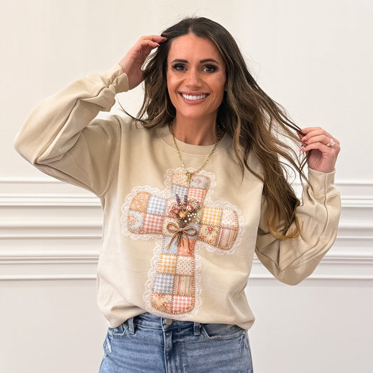 FAUX Patchwork Cross, Vintage Quilt Cross , Floral Lace Cross, Christian Sweatshirt (NOT Real Fabric Patches) (Website)