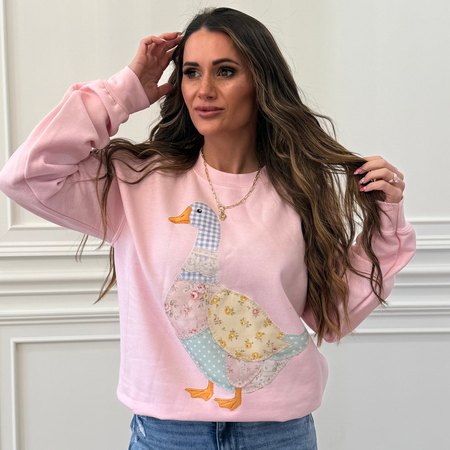 Faux Pastel Quilted Goose, DTF Print, Thrifted Vintage Style Goose Sweatshirt (NOT Real Fabric Patches) Website