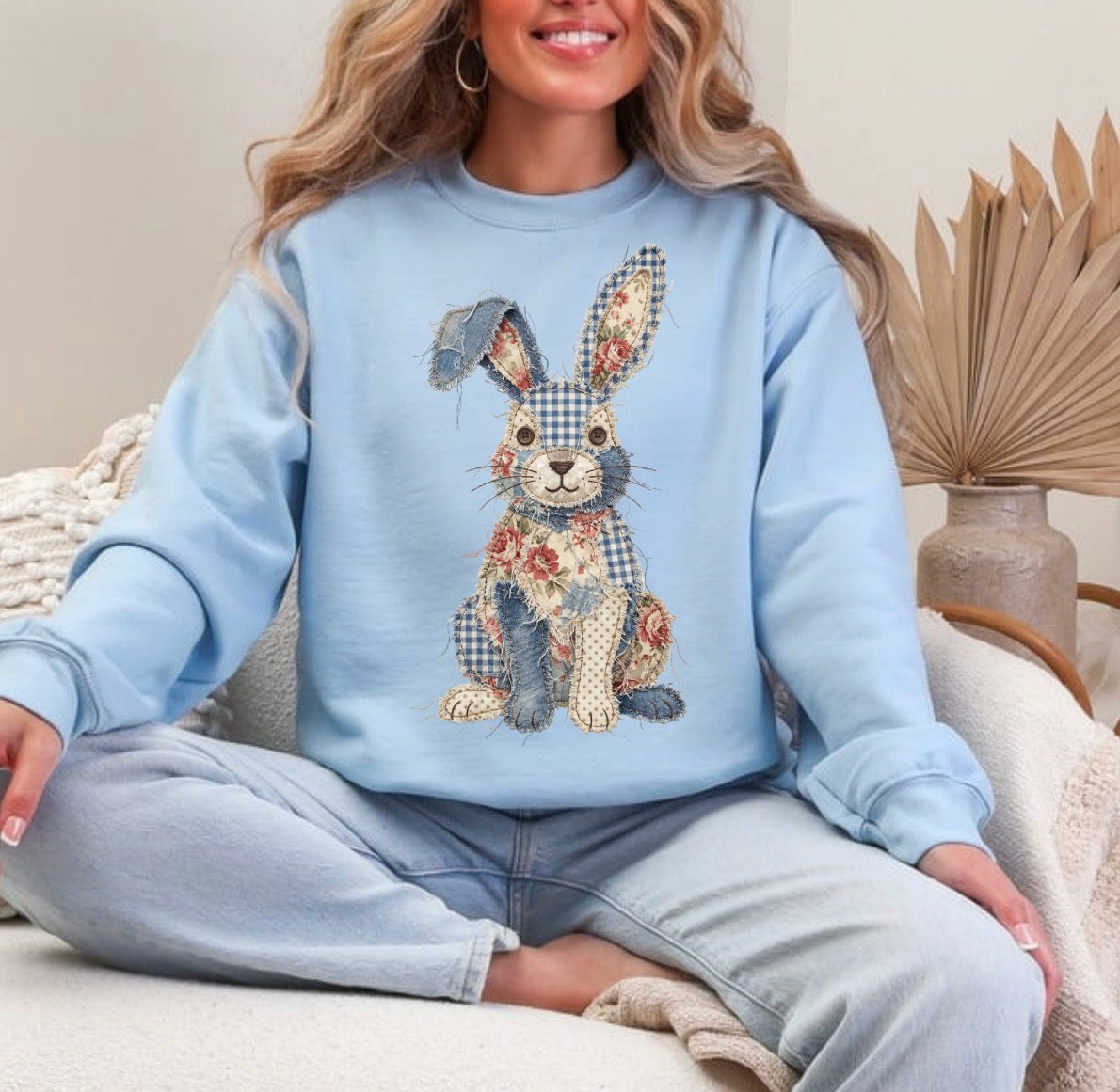 Denim Easter Bunny FAUX Patchwork , Faux Yarn , Shabby Chic, Farmhouse Bunny, Trendy Sweatshirt