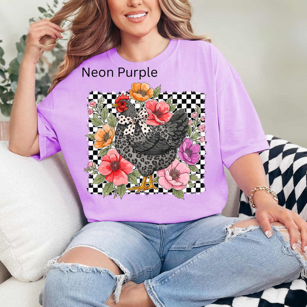 Checkered Flower Chicken, Chicken, Wildflower Chicken, Chicken Lover, Chicken Coquette T-shirt