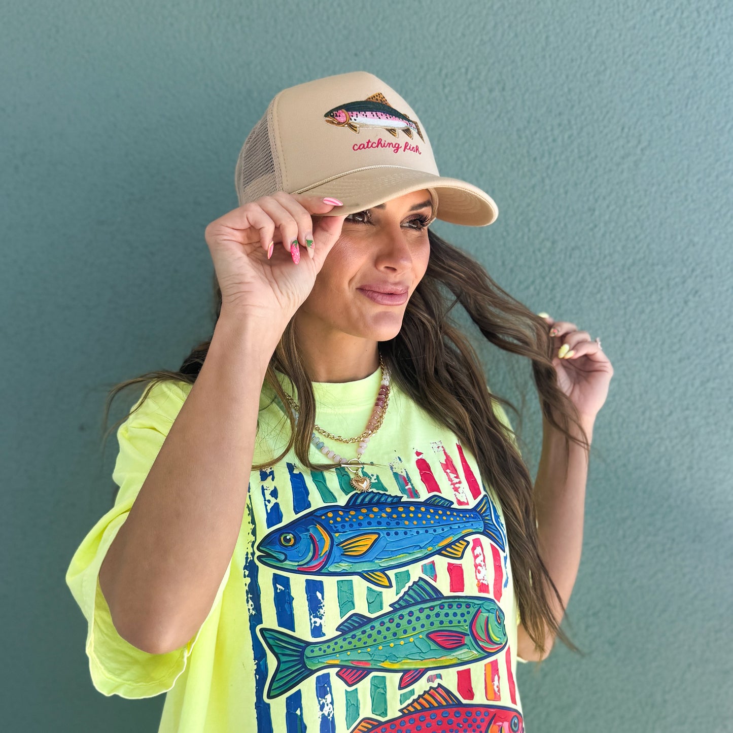 Faux Embroidered Rainbow Trout Catching Fish, Watercolor Fish, Fishing Trucker Hat