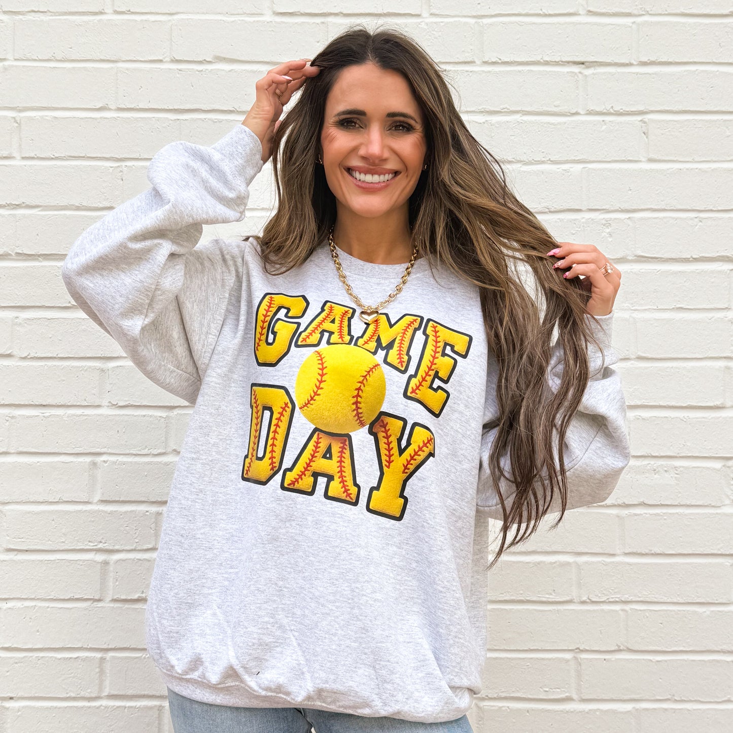FAUX Yarn Game Day Softball And Baseball, Faux Yarn Sports Trendy Mom (NOT Real Fabric Patches) Sweatshirt (Website)