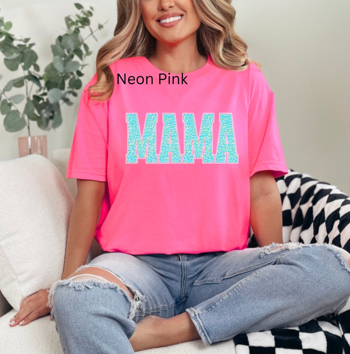 Leopard Mama, Mama Shirt,  Leopard Print, Girly,  Neon Blue, Trendy Summer Mama T-shirt