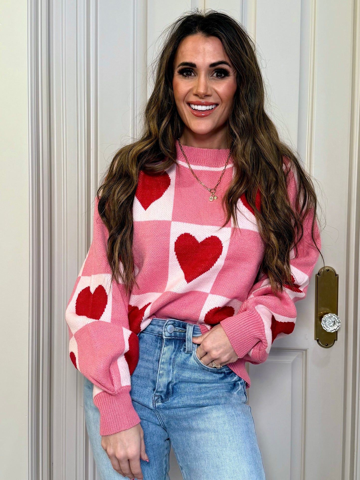 Pink Love Heart Checkered Valentine  Sweater
