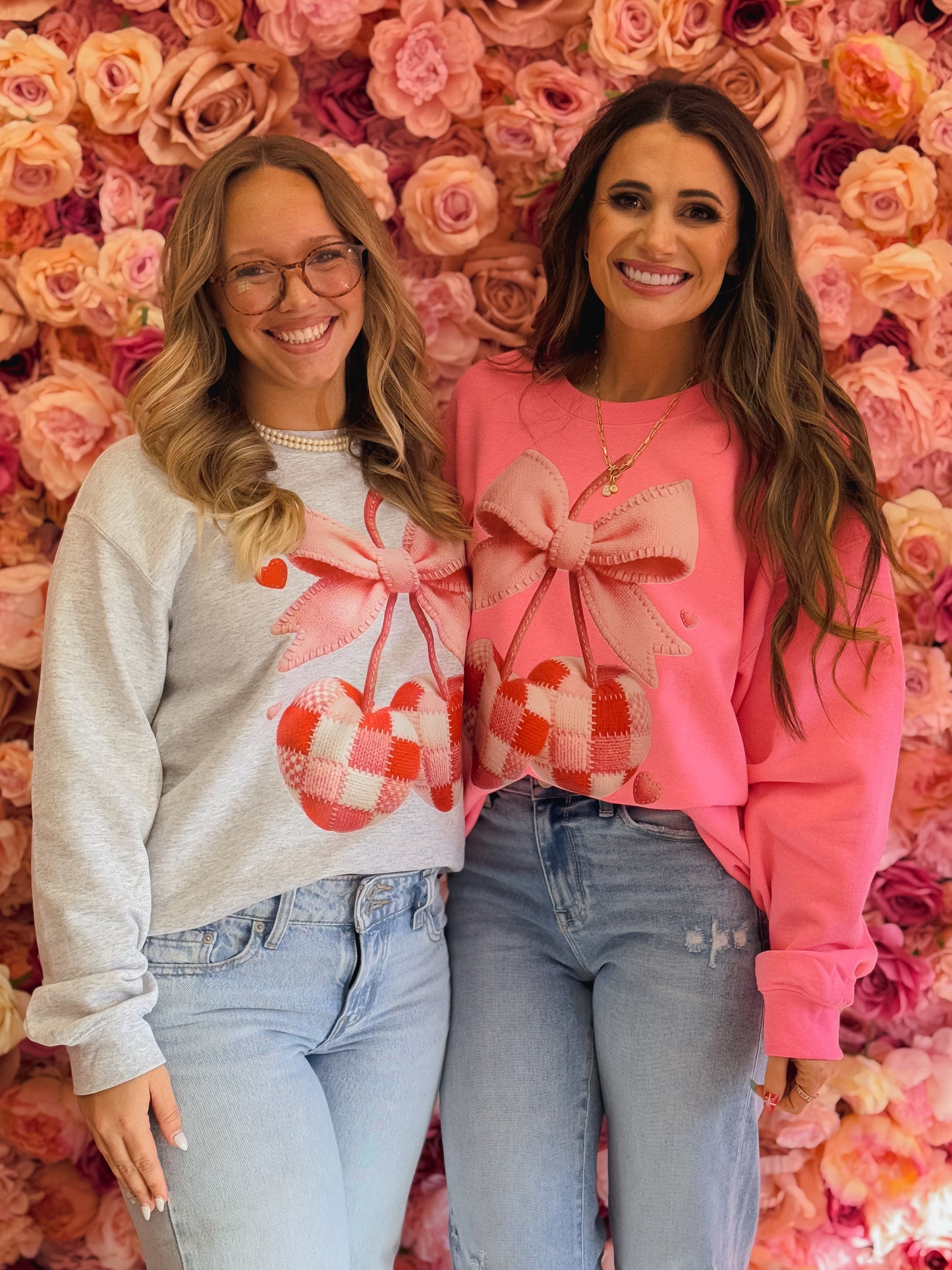 Cherry with Bow, Faux Crochet Patches Valentines Day, Cherry, valentines day, Preppy, Cherry with Bow Sweatshirts