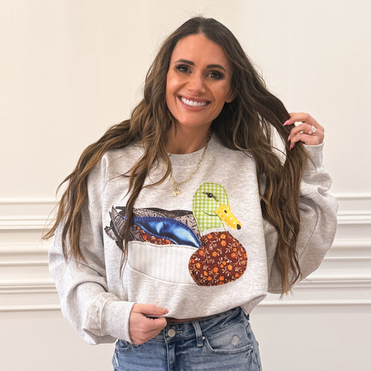 Faux Patchwork, DTF Print, Faux Blue WING, Sitting Mallard Duck (NOT Real Fabric Patches) Sweatshirt (Website)