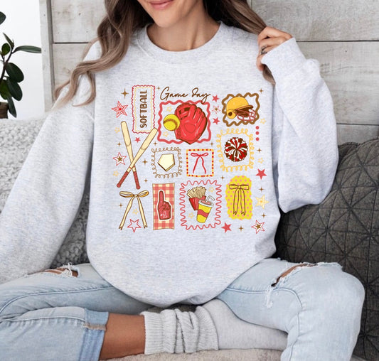 Game Day Baseball And Softball, Cute Sports with Helmet, Bat, Glove & Cheer Icons for Moms Fans, Baseball Doodle, Softball Doodle, Sweatshirt