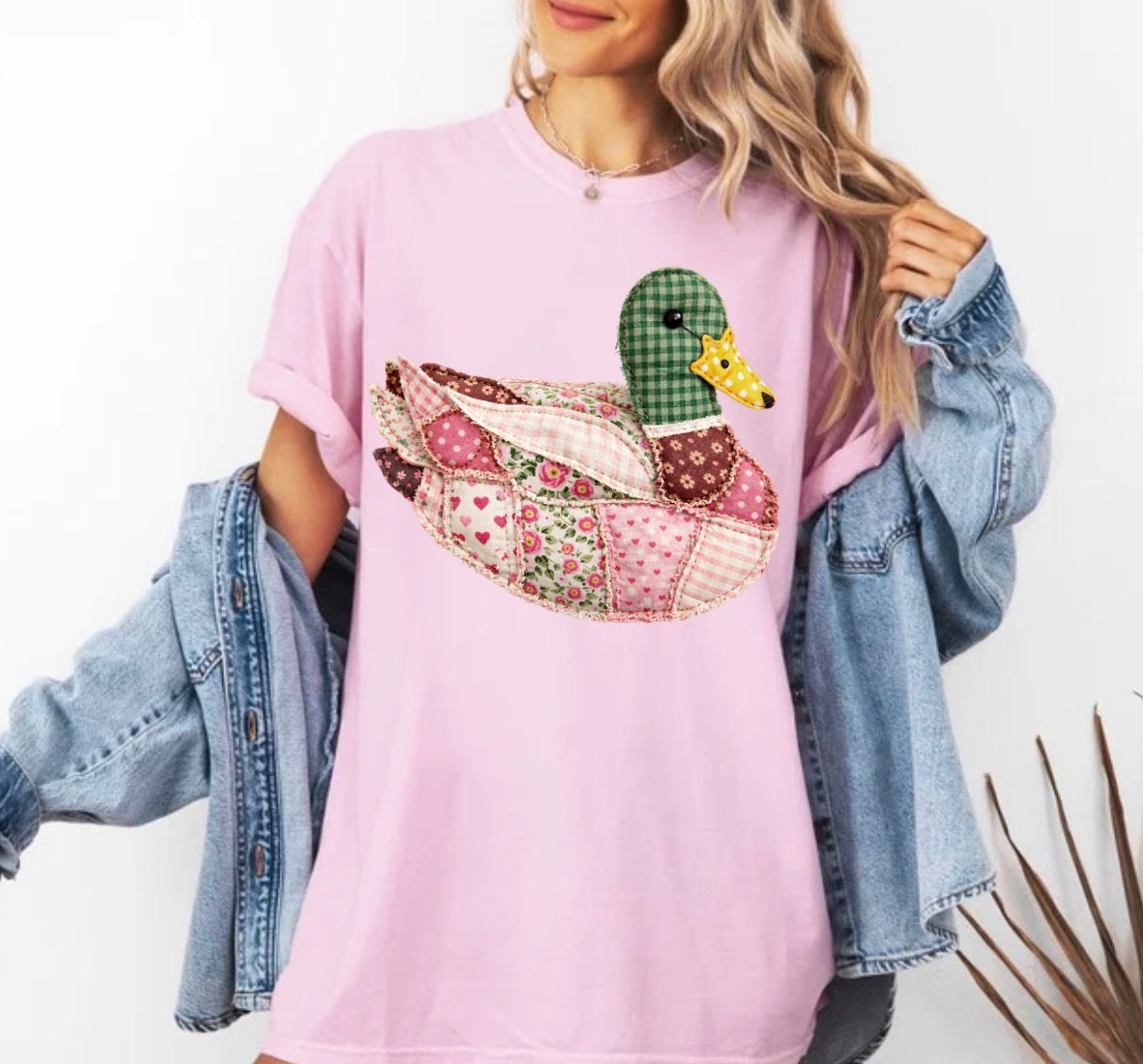 FAUX Pink DTF Print Quilted Mallard Duck,  Patchwork Duck, Pink Mallard Duck (NOT Real Fabric Patches) T-shirt