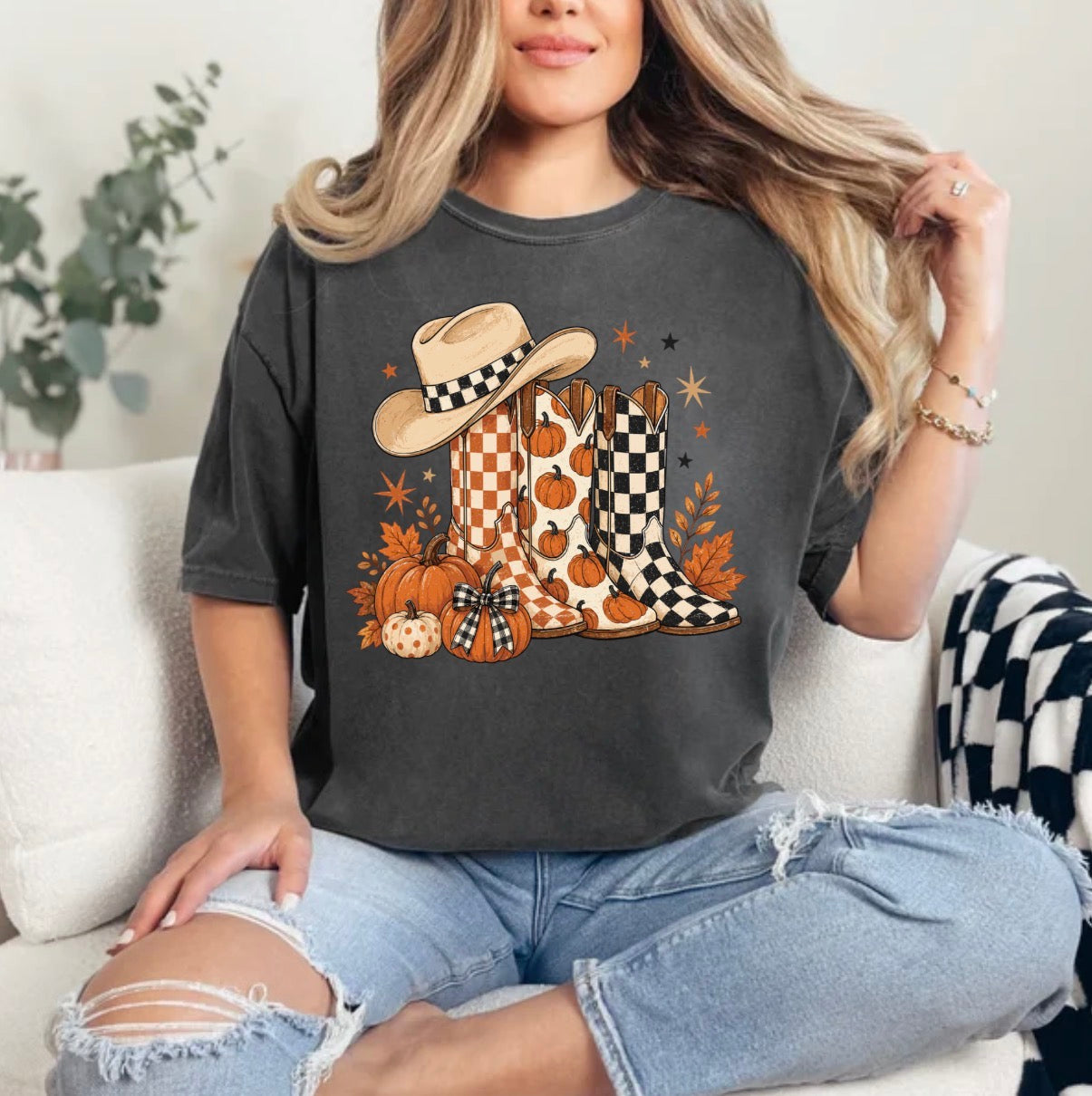 Fall Cowboy Boots, Checkered Boots, Cowboy Fall, Western Fall, Boots, Pumpkins, Trendy Western Fall T-shirt