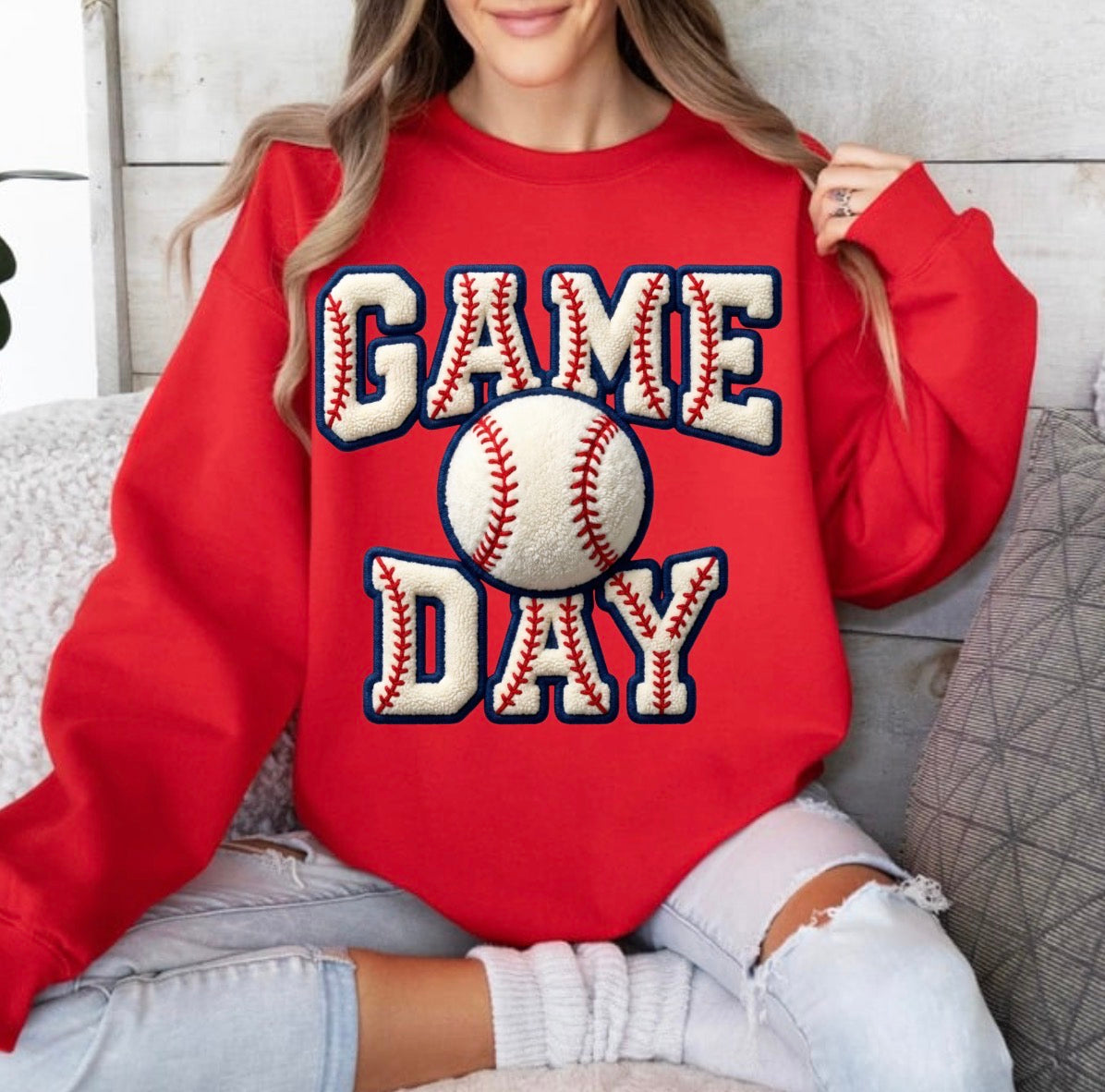 FAUX Yarn Game Day Softball And Baseball, Faux Yarn Sports Trendy Mom (NOT Real Fabric Patches) Sweatshirt (Website)