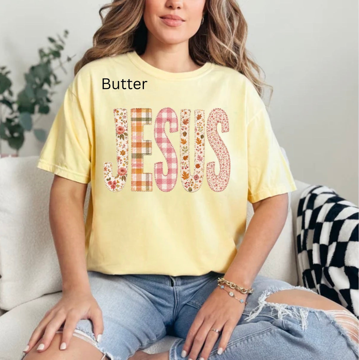 Autumn Jesus, Fall, Preppy Jesus, FAUX Patchwork, Plaid Jesus, Trendy Jesus T-shirt