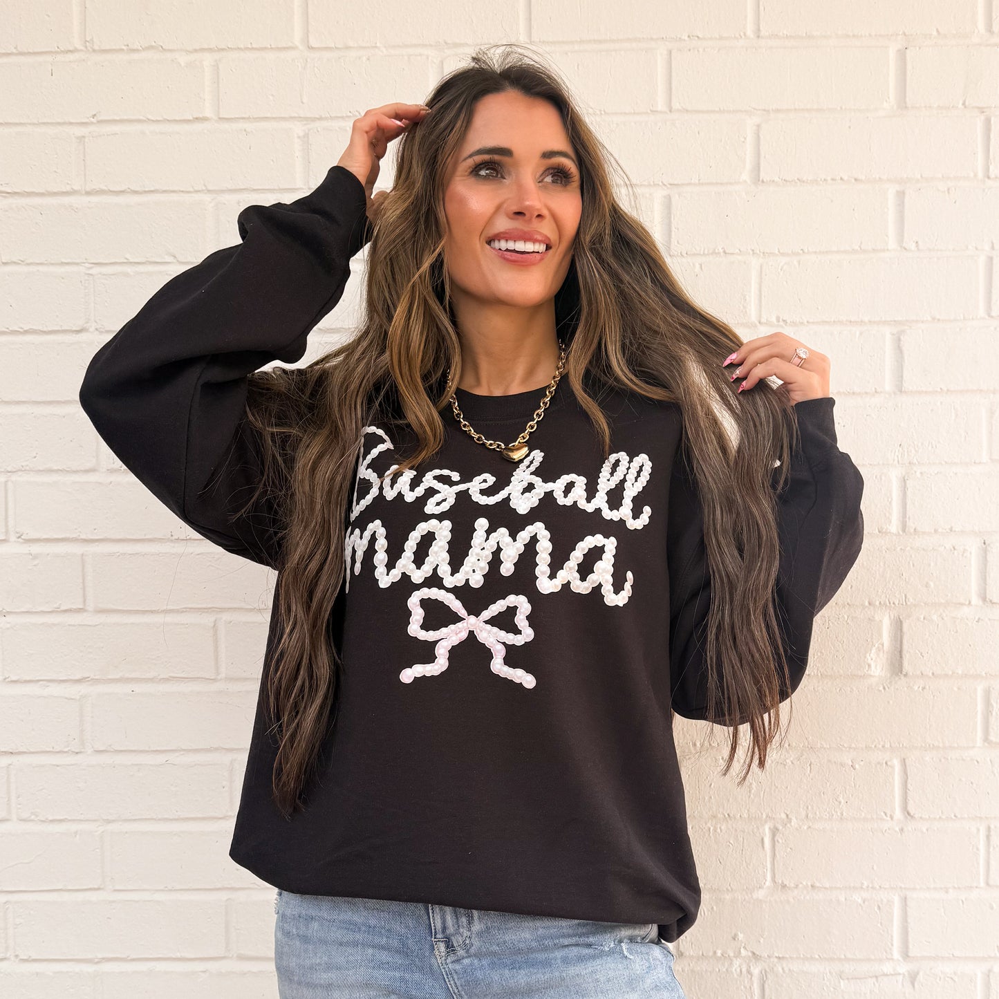 Preppy Baseball And Softball Bow FAUX Pearls, Baseball Game Day, Softball Mom, Sports Mom Design, Faux Pearls Trendy Sweatshirt (Website)