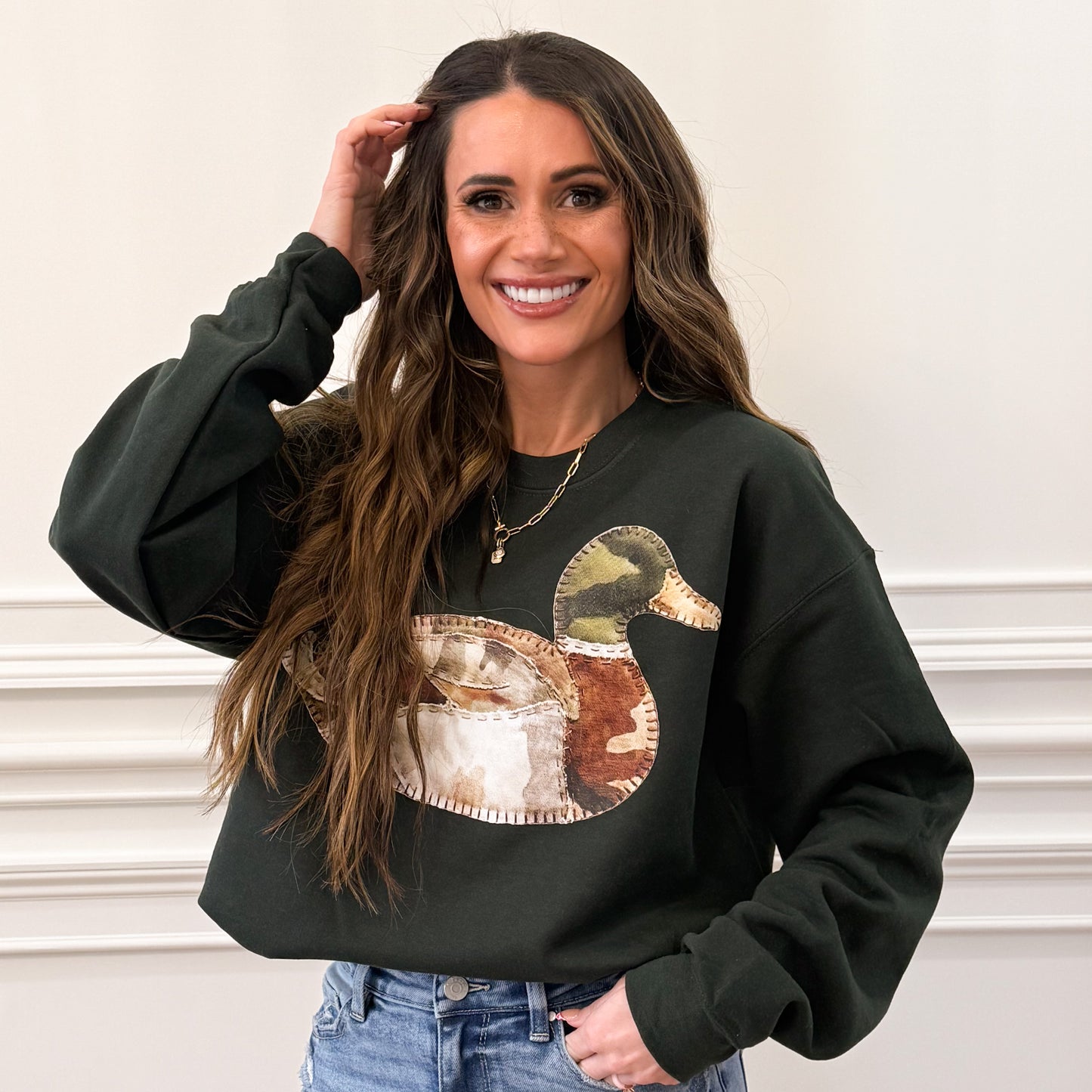 Light Camo Mallard Duck FAUX Patchwork DTF Print, Hunting Faux Applique, Southern Vintage Sweatshirt (NOT Real Fabric Patches) (Website)