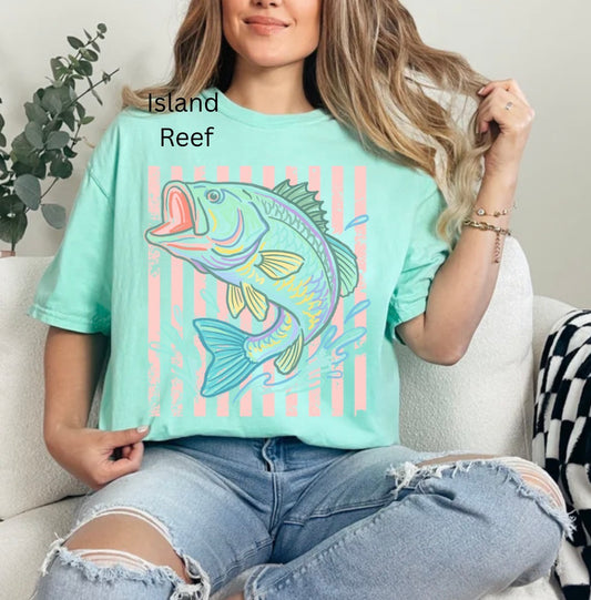 Retro Bass Fish, Pastel Fishing, Preppy Coastal Lake, Summer Fishing T-shirt