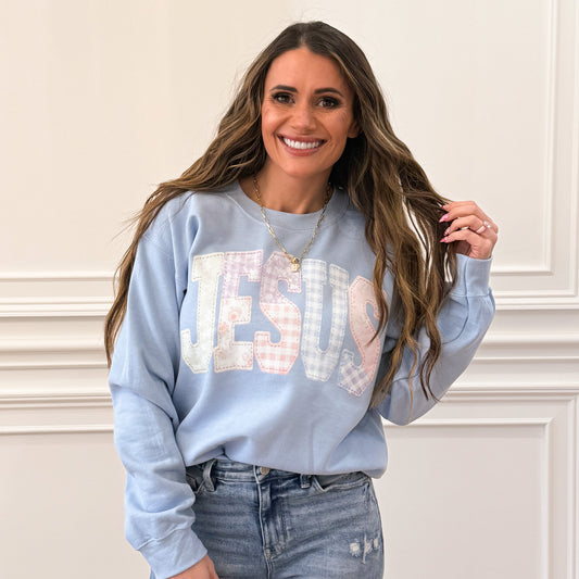 Faux Quilted Jesus , Faux Quilted Religious, Faux Embroidered Christian, Varsity Faith (NOT Real Fabric Patches) Sweatshirt (Website)1