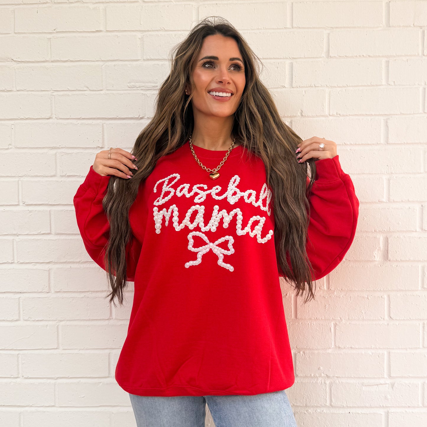 Preppy Baseball And Softball Bow FAUX Pearls, Baseball Game Day, Softball Mom, Sports Mom Design, Faux Pearls Trendy Sweatshirt (Website)