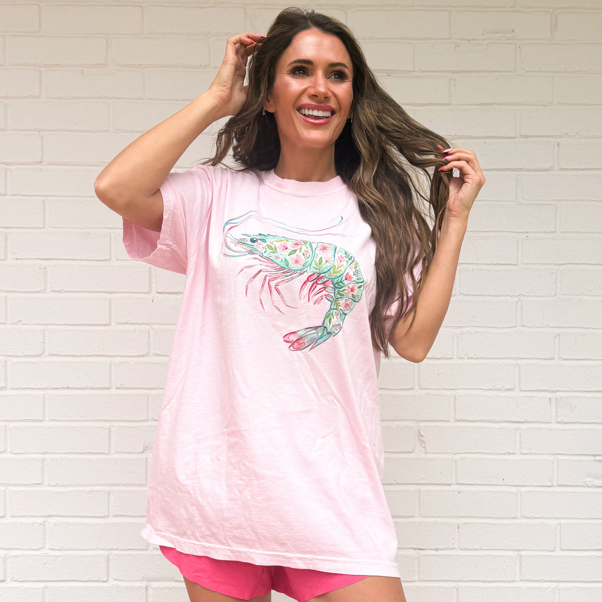 Floral Shrimp, Watercolor Coquette, Shrimp by the sea, on the coast, Small Coastal Town T-shirt