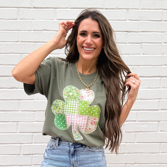 Floral FAUX Patchwork Shamrock, Vintage Faux Fabric Clover, Pink Green Stitched Shamrock, ( NOT Real Fabric Patches)Sweatshirt