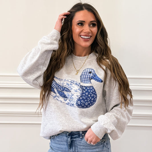 FAUX DTF Print Patchwork Blue Toile Mallard Duck, FAUX Patchwork Duck, Shabby Chic (NOT Real Fabric Patches) Sweatshirt