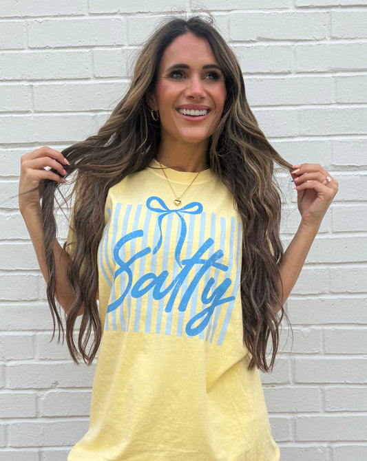 Salty, Sarcastic Beach Quote, Retro Blue Striped, Aesthetic Coquette Bow, Trendy Sassy Coastal, Whimsical Summer Tshirt (Website)