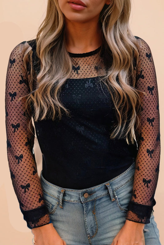 Mesh Bow Long Sleeve Top