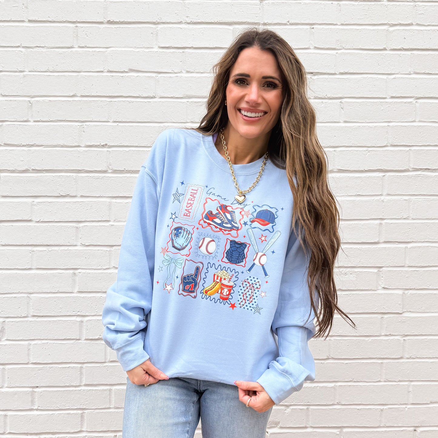 Game Day Baseball And Softball, Cute Sports with Helmet, Bat, Glove & Cheer Icons for Moms Fans, Baseball Doodle, Softball Doodle, Sweatshirt (Website)