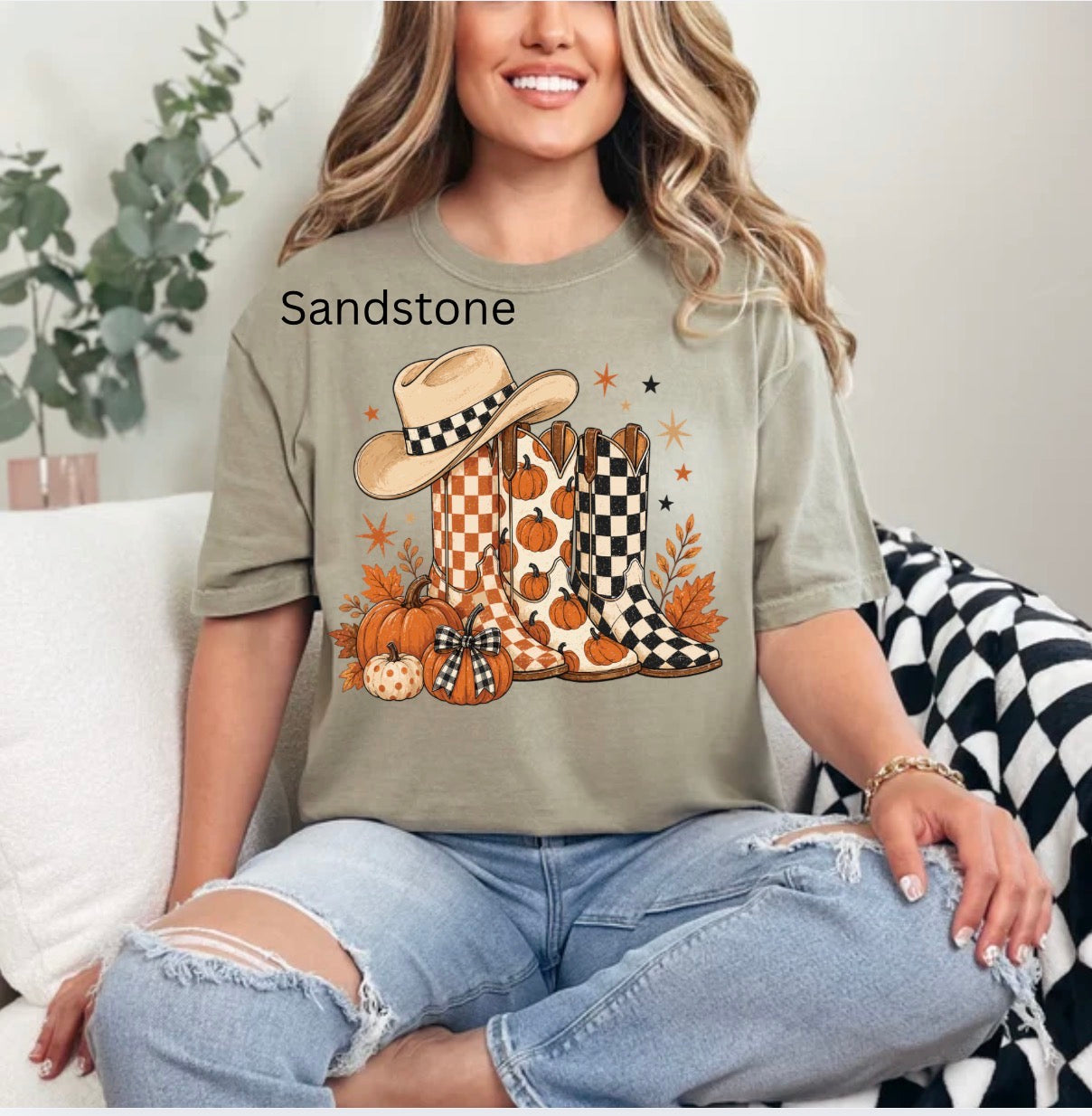 Fall Cowboy Boots, Checkered Boots, Cowboy Fall, Western Fall, Boots, Pumpkins, Trendy Western Fall T-shirt