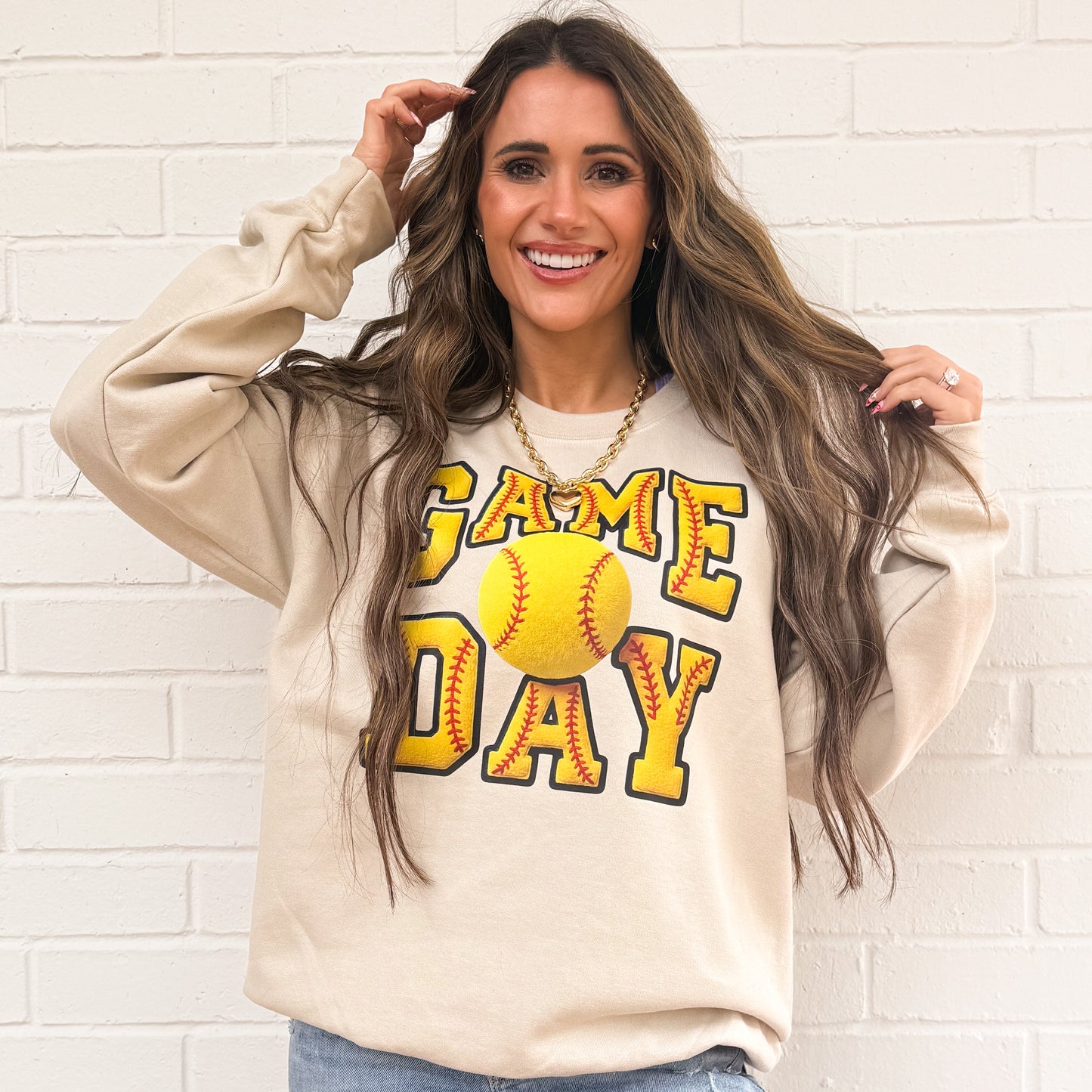 FAUX Yarn Game Day Softball And Baseball, Faux Yarn Sports Trendy Mom (NOT Real Fabric Patches) Sweatshirt (Website)