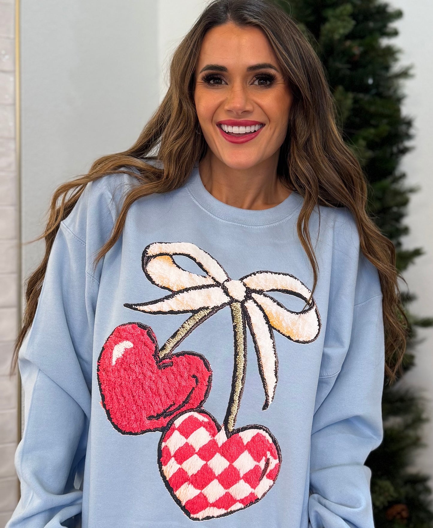 Vday Faux Fuzzy Cherry DTF Print ( not patch), Latch Hook Cherry, Retro Valentine's, Trendy Valentine, Fun Valentines Sweatshirt