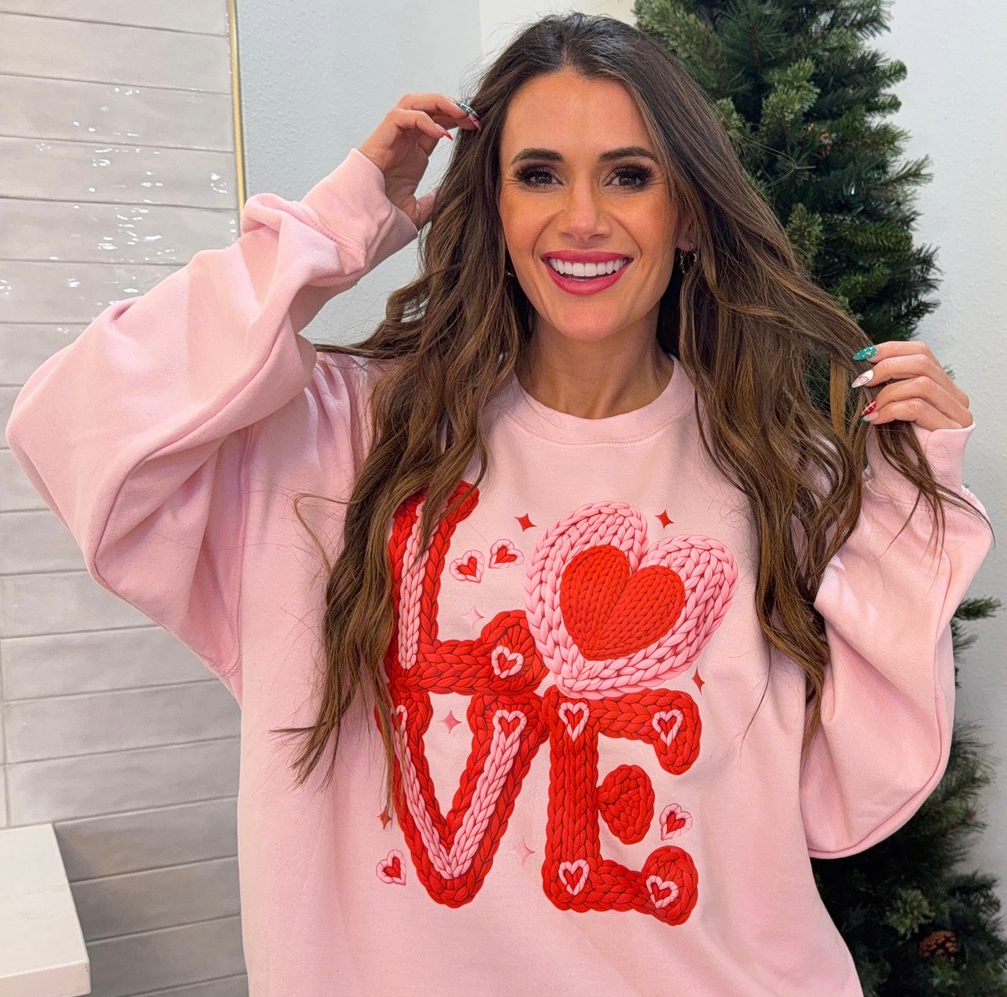 Faux Yarn Valentine's Day LOVE Heart, Stacked Letters, Faux Knitted Yarn Texture Valentine, Crochet Coquette, Pink Red Sweatshirt (Website)