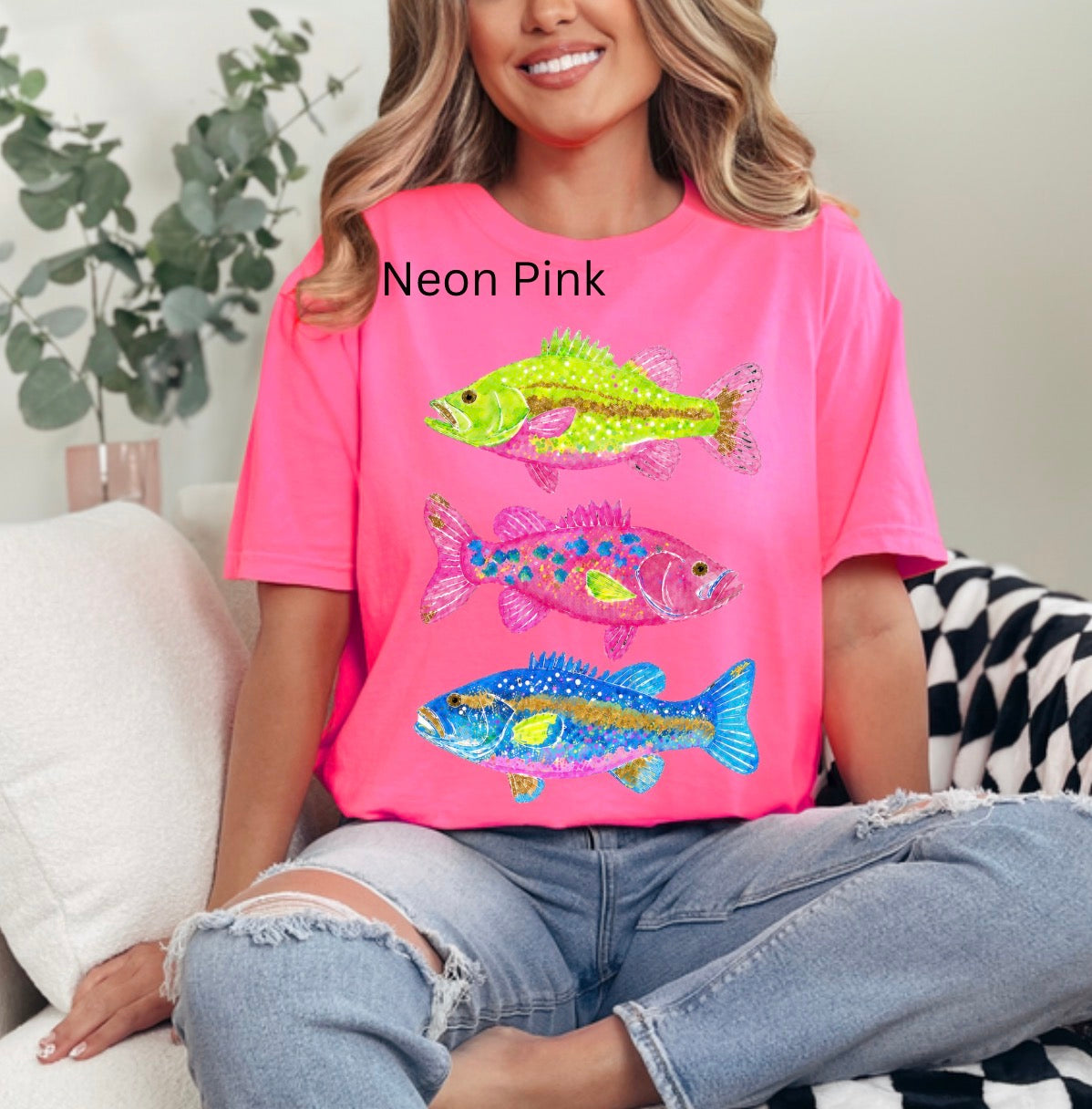 Bass Fish Trio, Vibrant Neon Watercolor, Summer, Fishing, Colorful Fish, Trendy Fish T-shirt
