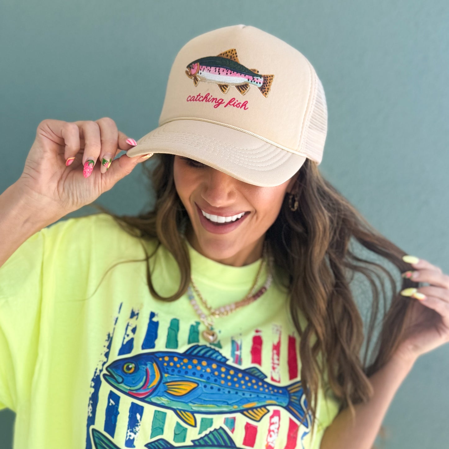 Faux Embroidered Rainbow Trout Catching Fish, Watercolor Fish, Fishing Trucker Hat