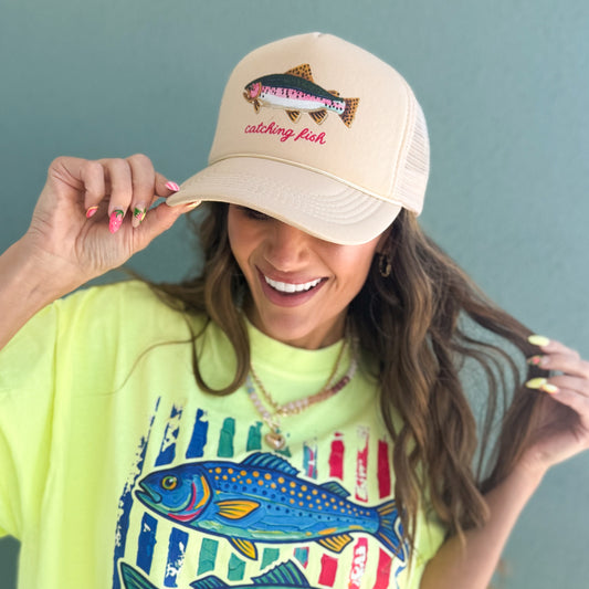 Faux Embroidered Rainbow Trout Catching Fish, Watercolor Fish, Fishing Trucker Hat
