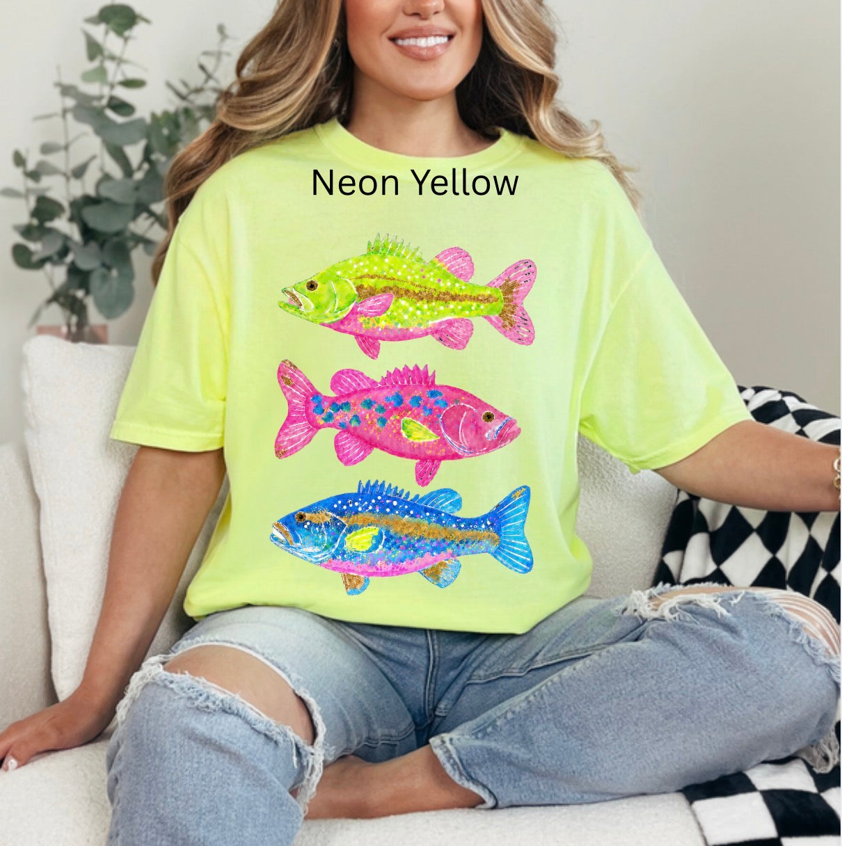 Bass Fish Trio, Vibrant Neon Watercolor, Summer, Fishing, Colorful Fish, Trendy Fish T-shirt