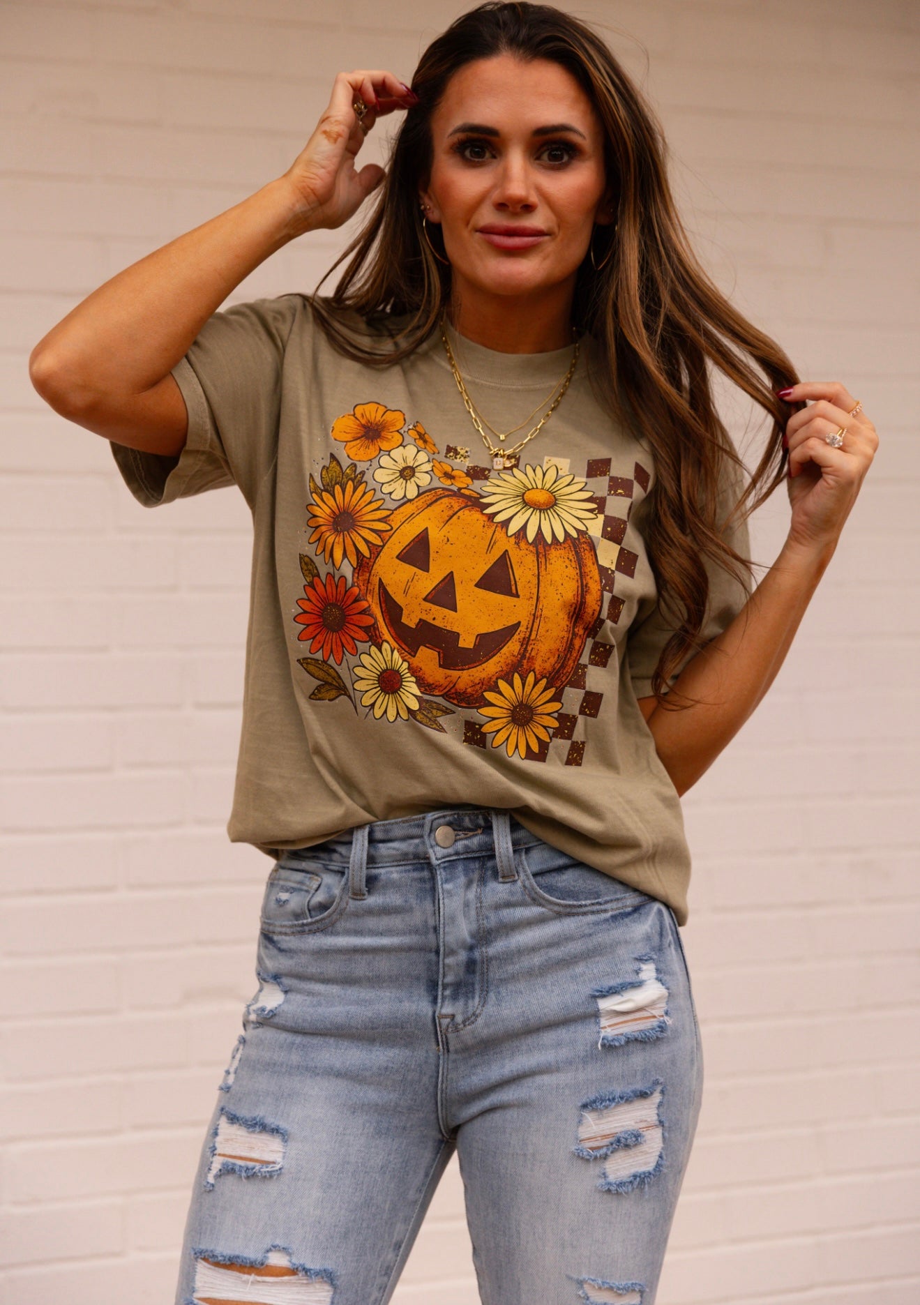 Checkered Floral Pumpkin T-shirt
