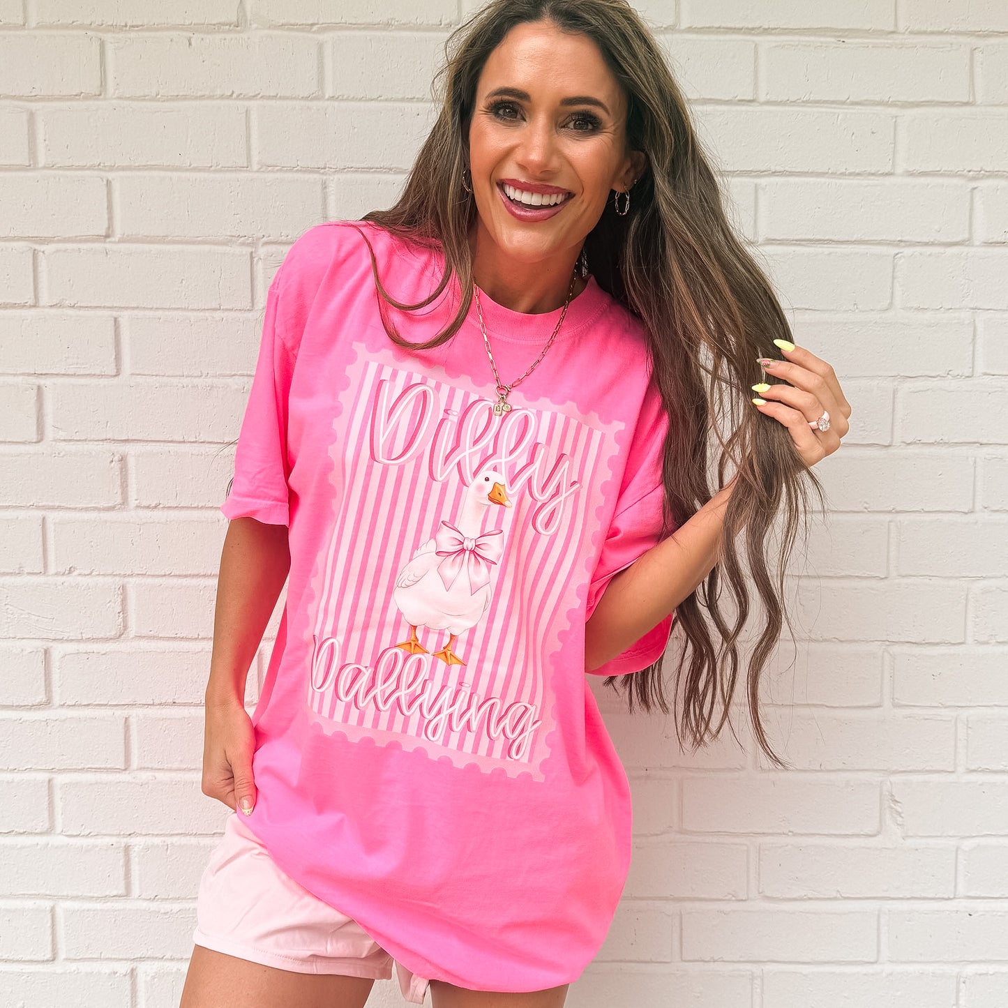 Pink Preppy Dilly Dally Goose, Coquette Bow Goose, Funny Goose Stamp, Retro Striped Bow GooseT-shirt