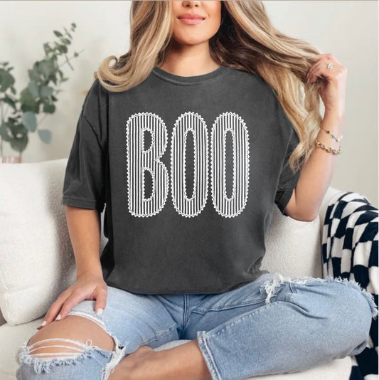 Retro Striped BOO, Distressed Halloween, Spooky Season, Cute Halloween T-shirt