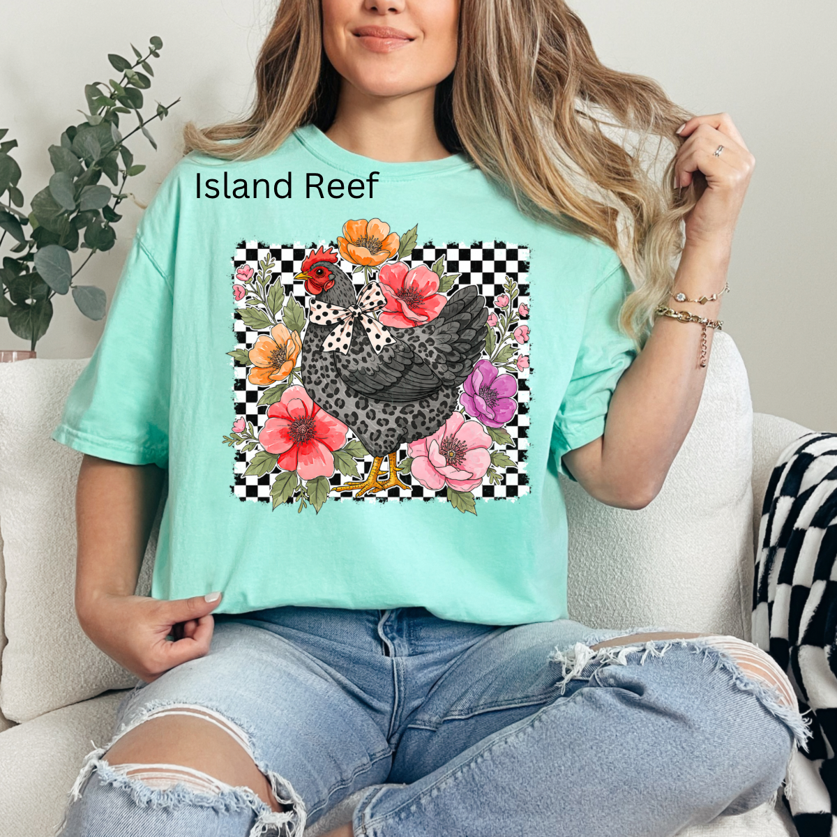 Checkered Flower Chicken, Chicken, Wildflower Chicken, Chicken Lover, Chicken Coquette T-shirt