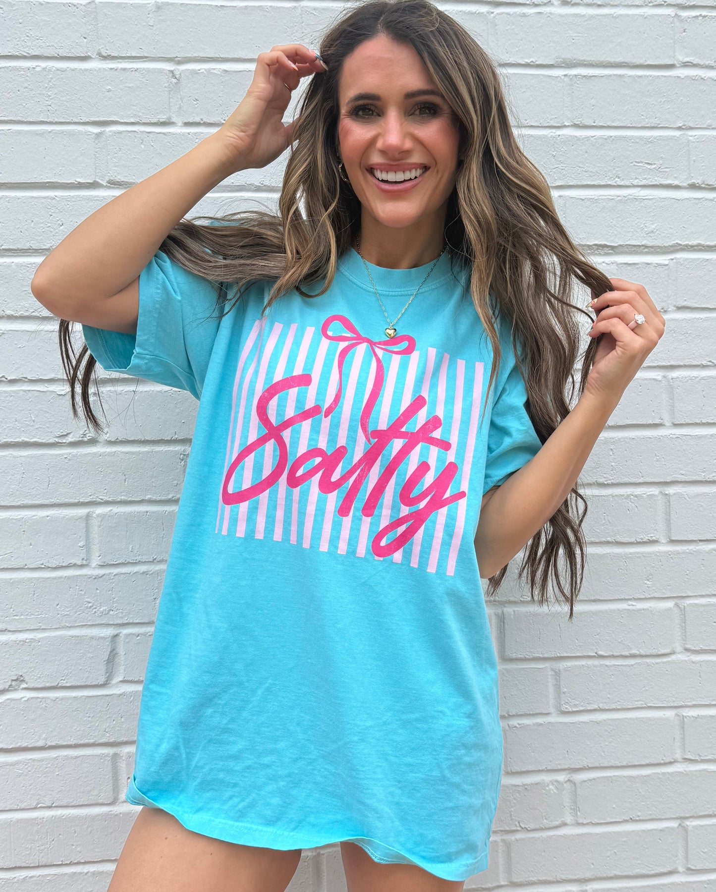 Salty, Sarcastic Beach Quote, Retro Blue Striped, Aesthetic Coquette Bow, Trendy Sassy Coastal, Whimsical Summer Tshirt (Website)