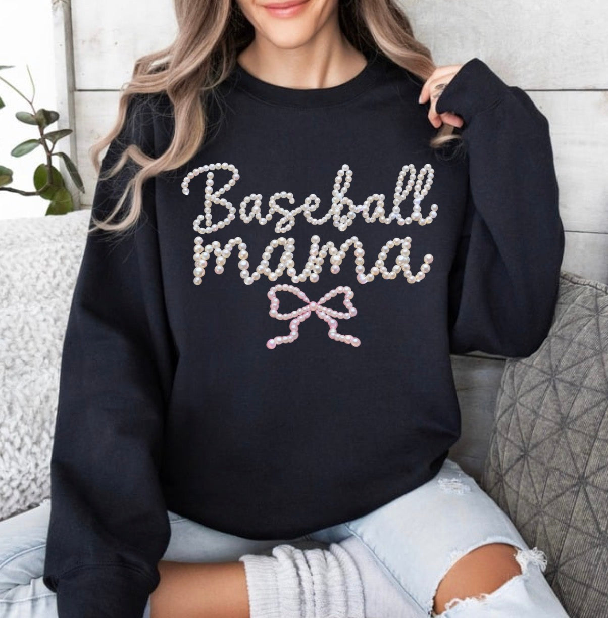 Preppy Baseball And Softball Bow FAUX Pearls, Baseball Game Day, Softball Mom, Sports Mom Design, Faux Pearls Trendy Sweatshirt (Website)