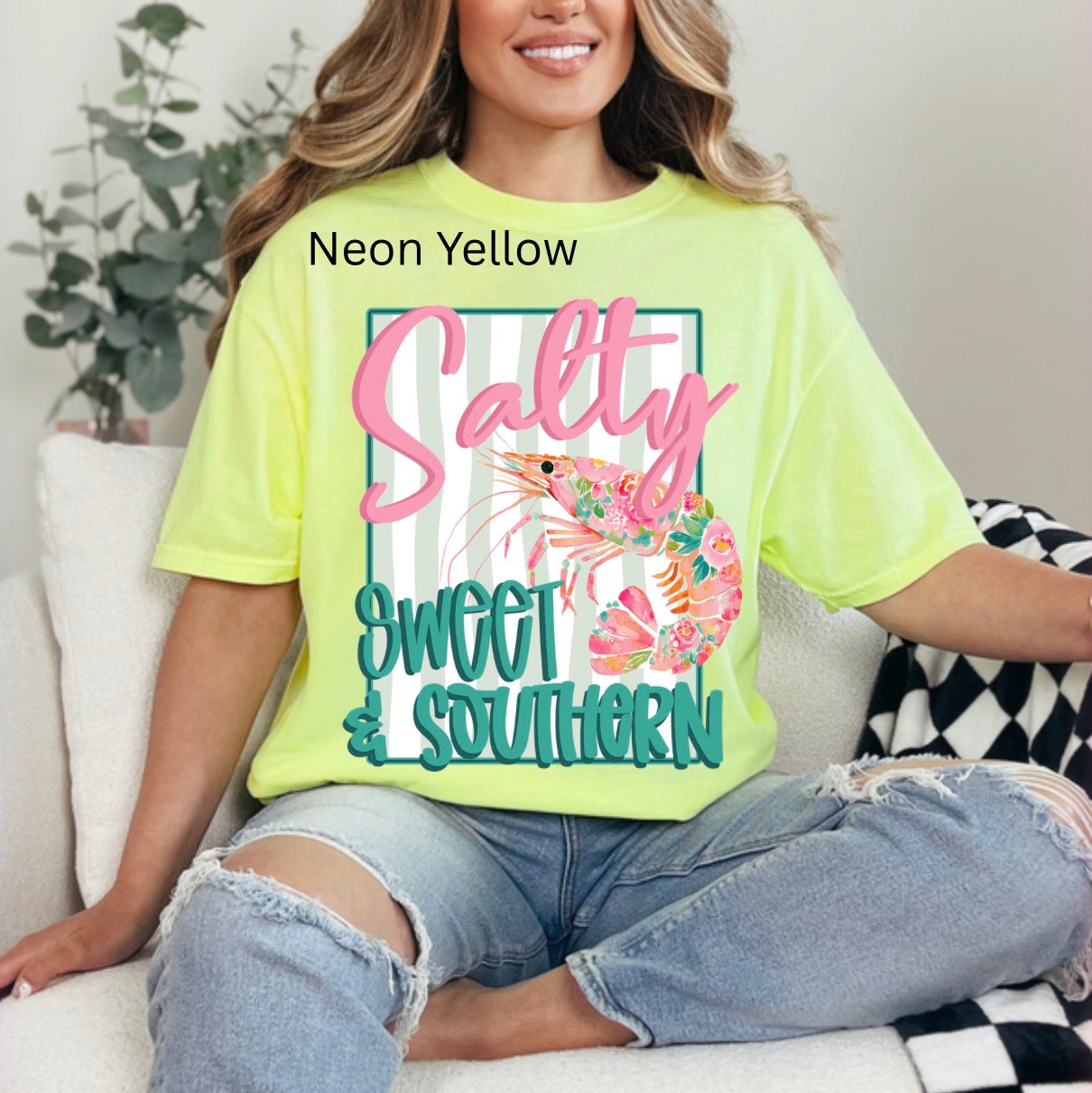 Salty Sweet Southern, Floral Shrimp Coastal, Preppy Beach, Summer Art T-shirt