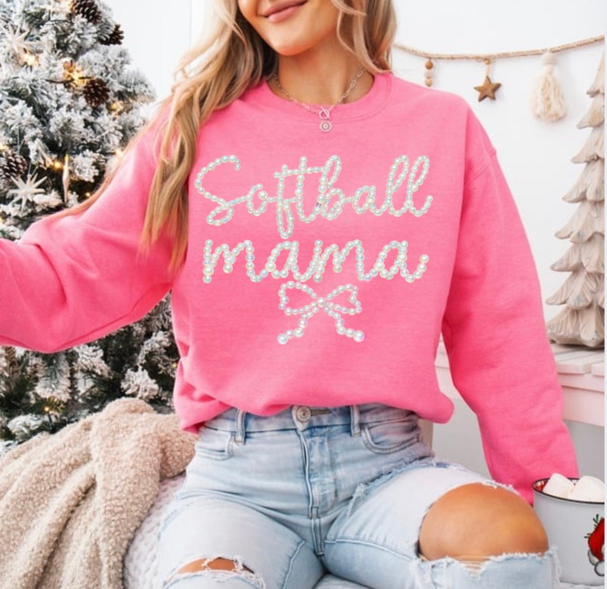 Preppy Baseball And Softball Bow FAUX Pearls, Baseball Game Day, Softball Mom, Sports Mom Design, Faux Pearls Trendy Sweatshirt (Website)